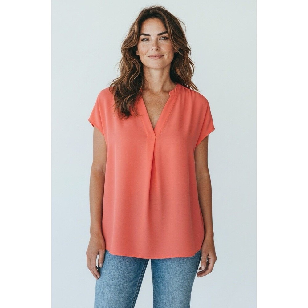 Banana Republic Women 2XL Top Salmon Coral V-Neck Pleated Short Sleeve Blouse